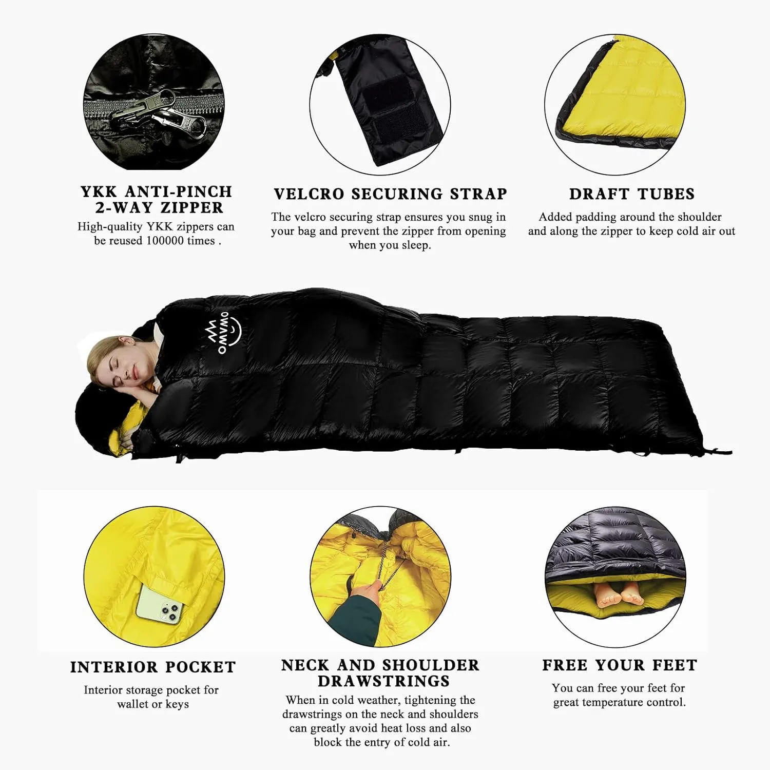 0 20 Degrees F Down Sleeping Bag for Adults,4 Season Cold Weather Rectangle Wearable Down Sleeping Bag for Camping Hiking,Can be Used as Blanket Quilt or Cloak,with Mesh Sack Buckle Strap