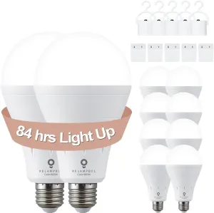 10 Pack Rechargeable Emergency Light Bulb Battery Operated Power Outage Light LED Dimmable Up to 24 Hours 6000K 9W 120V 800Lumens E26 for Hurricane Camping