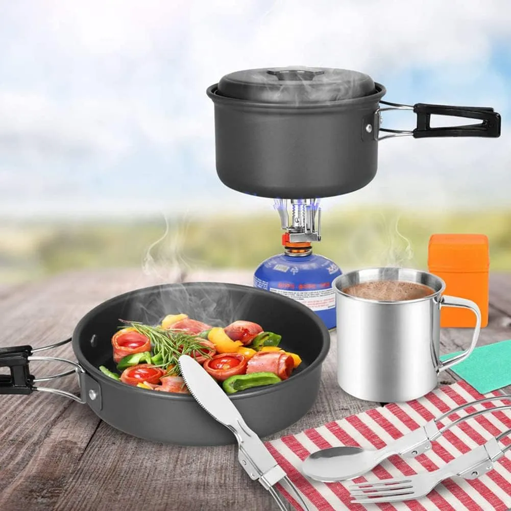 10 pcs Camping Cookware Mess Kit with Stove, Lightweight and Durable Pot Pan Bowls Sporks Cooking Set for 1-2 People Camping Hiking