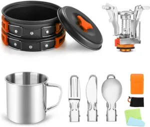 10 pcs Camping Cookware Mess Kit with Stove, Lightweight and Durable Pot Pan Bowls Sporks Cooking Set for 1-2 People Camping Hiking
