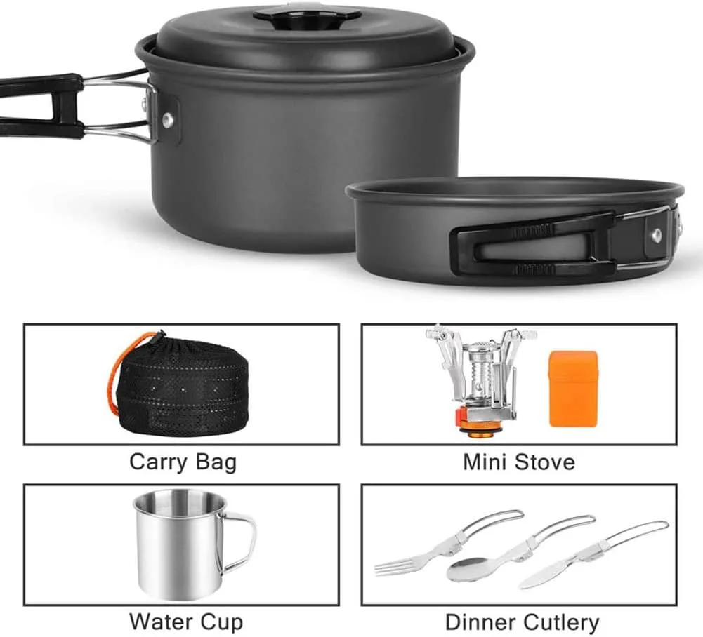 10 pcs Camping Cookware Mess Kit with Stove, Lightweight and Durable Pot Pan Bowls Sporks Cooking Set for 1-2 People Camping Hiking