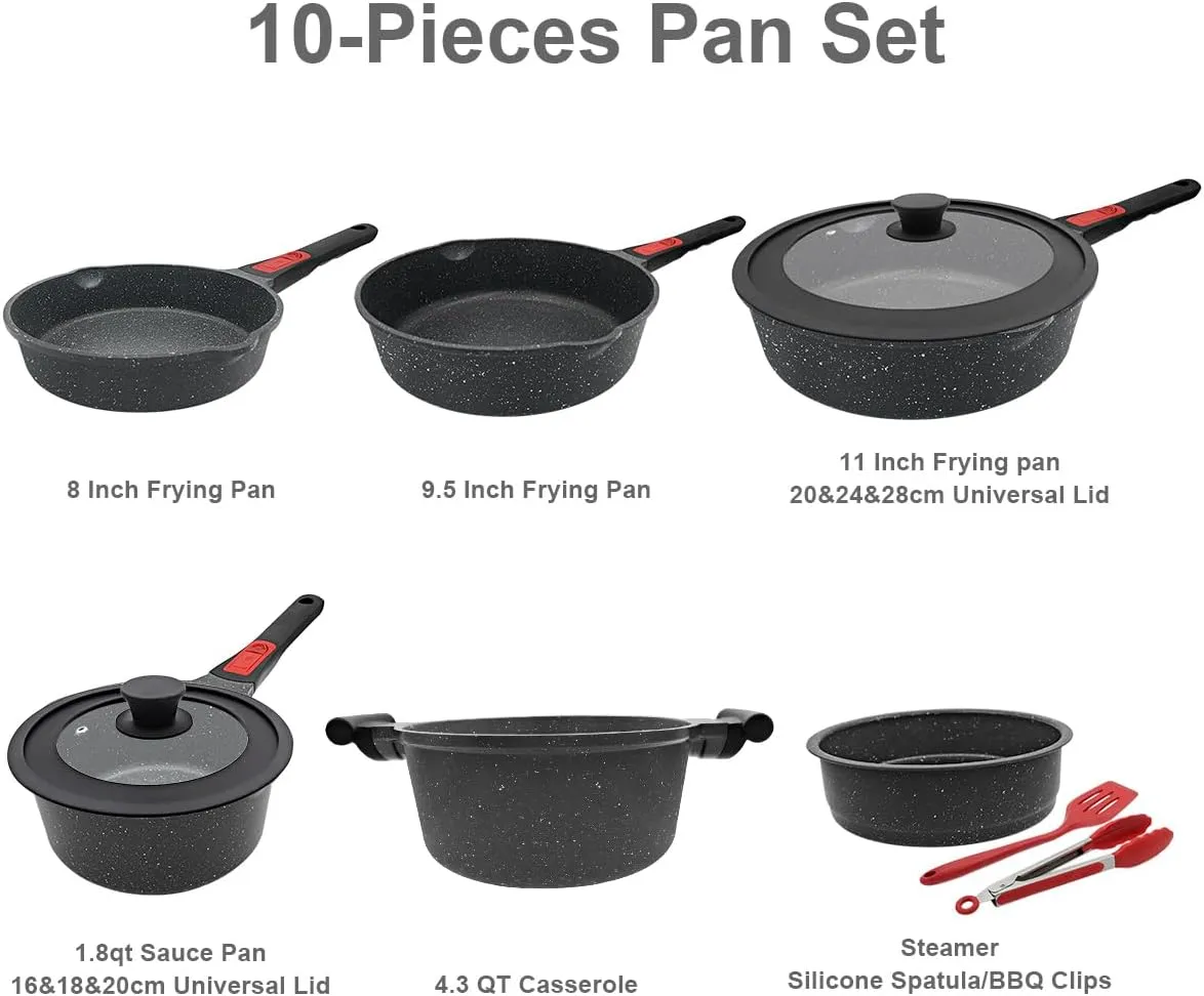 10 Pcs Pots and Pans Set Nonstick, Cast Aluminum Kitchen Cookware Set with Lid/Frying Pans & Saucepans with Detachable Handle, Oven& Dishwasher Safe (Black)