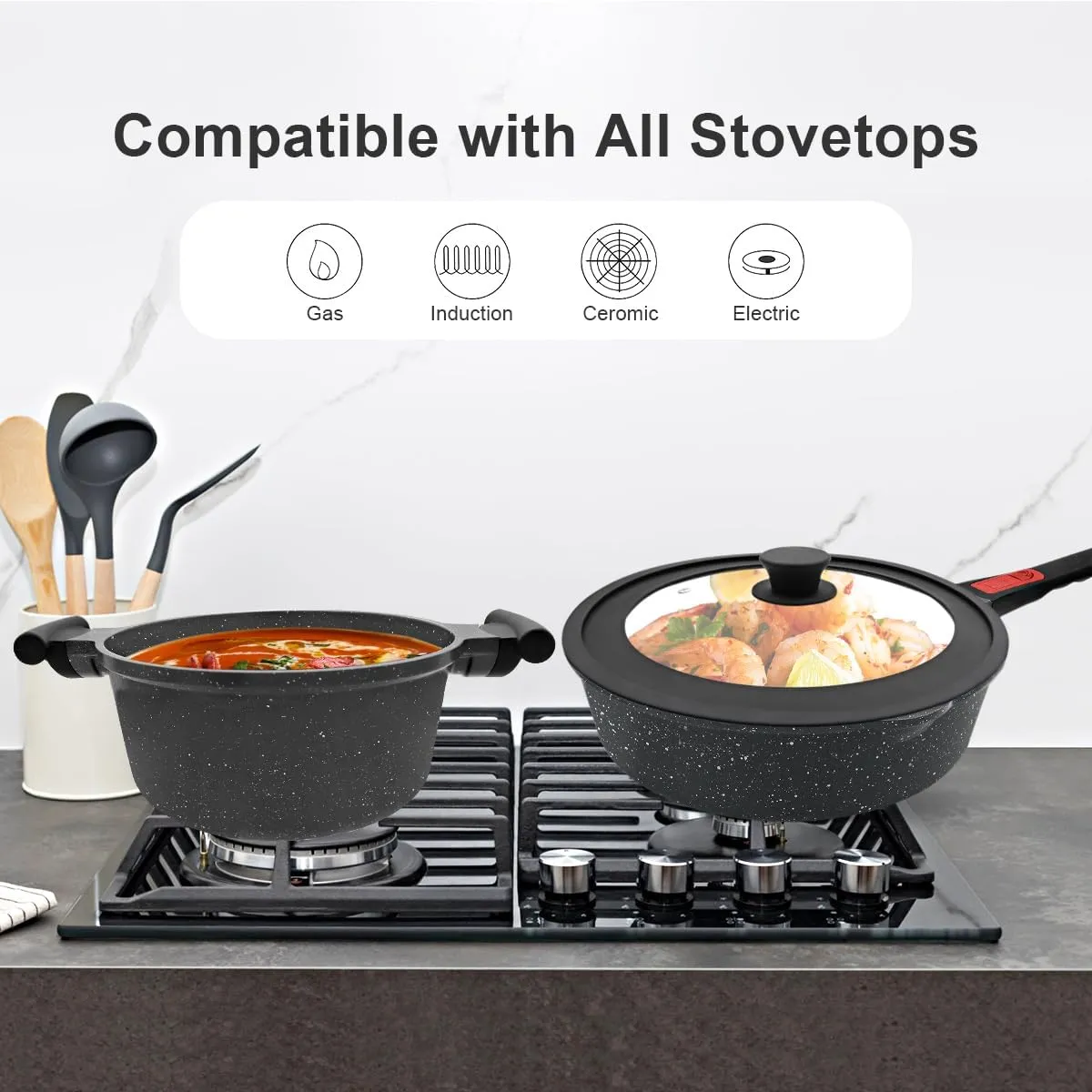 10 Pcs Pots and Pans Set Nonstick, Cast Aluminum Kitchen Cookware Set with Lid/Frying Pans & Saucepans with Detachable Handle, Oven& Dishwasher Safe (Black)