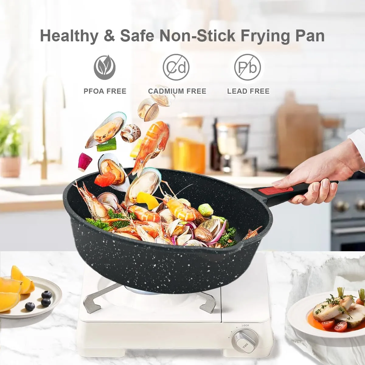 10 Pcs Pots and Pans Set Nonstick, Cast Aluminum Kitchen Cookware Set with Lid/Frying Pans & Saucepans with Detachable Handle, Oven& Dishwasher Safe (Black)