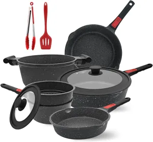 10 Pcs Pots and Pans Set Nonstick, Cast Aluminum Kitchen Cookware Set with Lid/Frying Pans & Saucepans with Detachable Handle, Oven& Dishwasher Safe (Black)