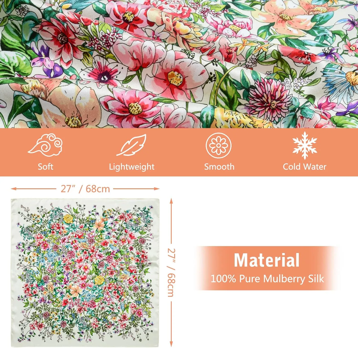 100% Silk Head Scarf for Women - 27" Hair Scarves Satin Head Scarf Bandanas Square Silk Hair Night Sleeping with Gift Packed
