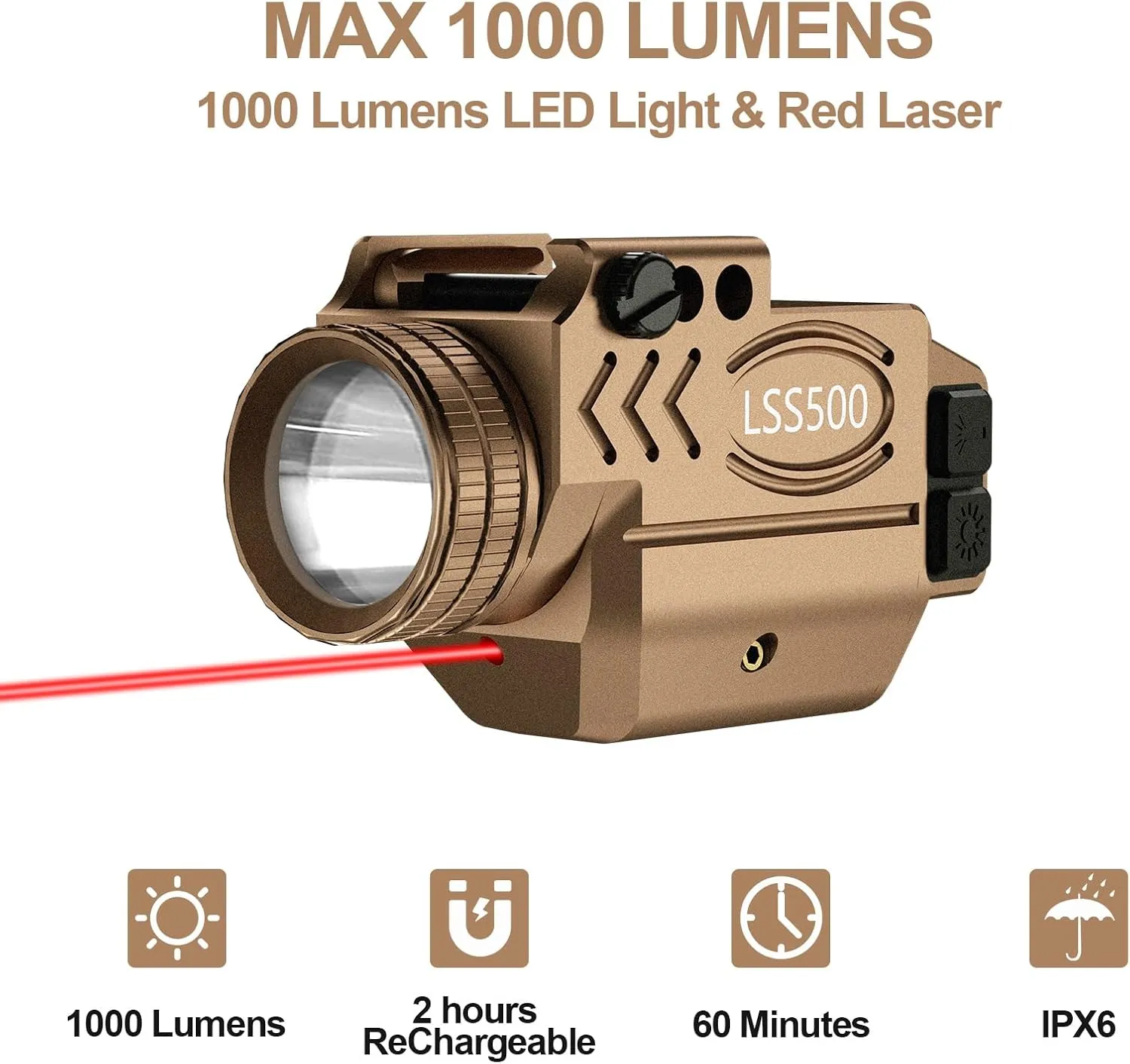 1000 Lumens Pistol Light Red Laser Combo, Aluminum Tactical Weapon Light with Momentary and Strobe Mode, Magnetic USB Rechargeable and Ambidextrous Button, Fits for Compact Rail Mount
