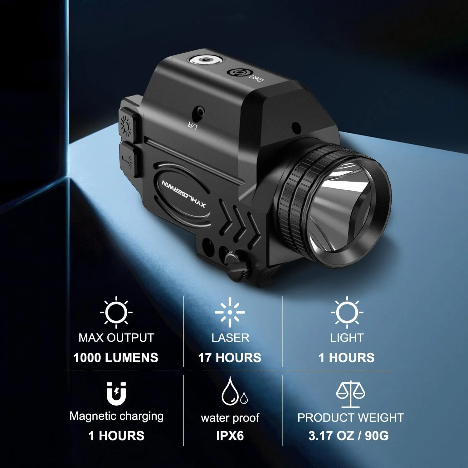 1000 Lumens Tactical Flashlight Compact Rail Mount Weaponlight, Red Beam and White LED Combo with Strobe Function, Magnetic Rechargeable, Laser Class IIIA,Less Than 5mW