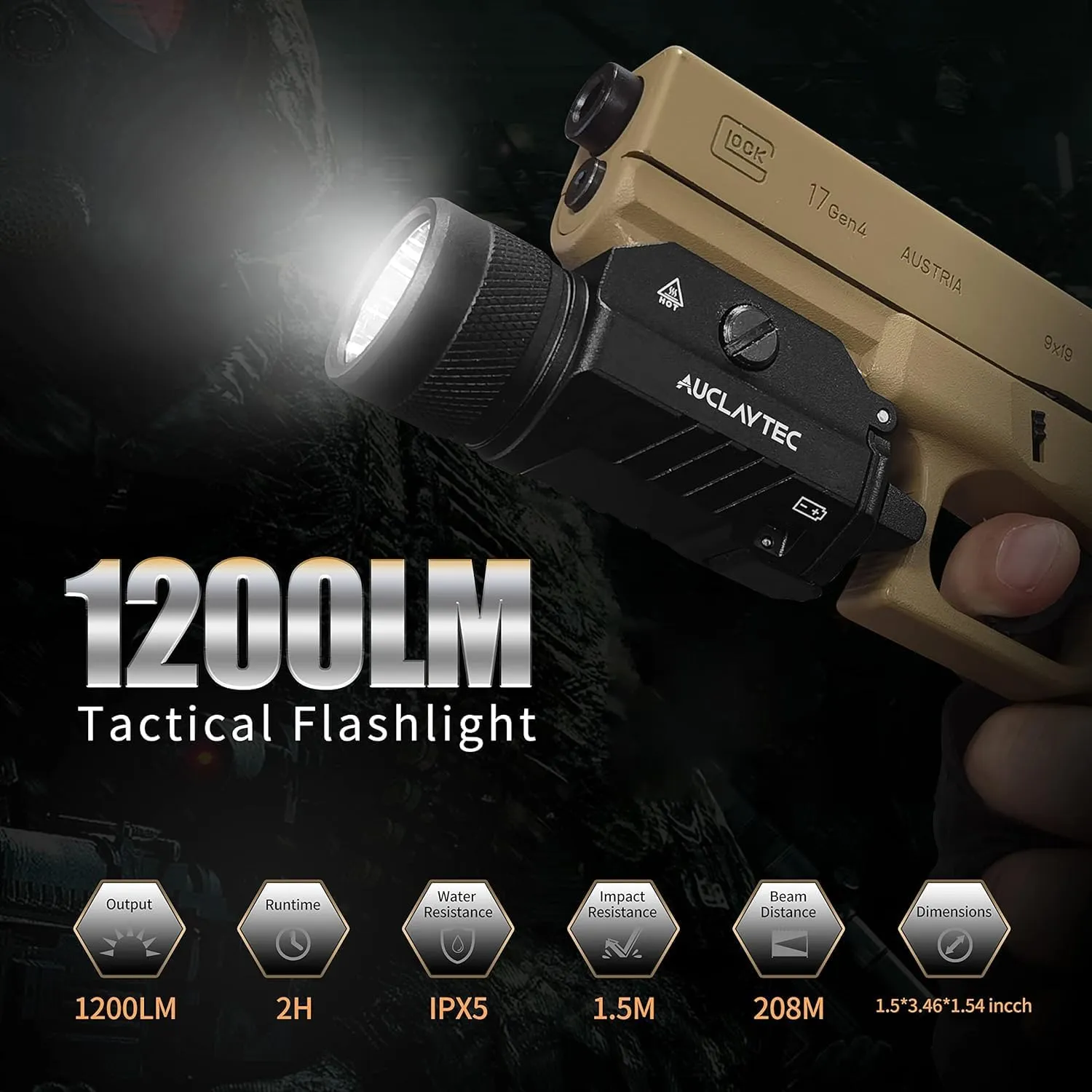 1200 Lumen Pistol Light Mounted Tactical Flashlight, Gun Light with Strobe Mode, Weapon Flashlight for GL Glock and Picatinny Rail (Without Laser, None Rechargeable)