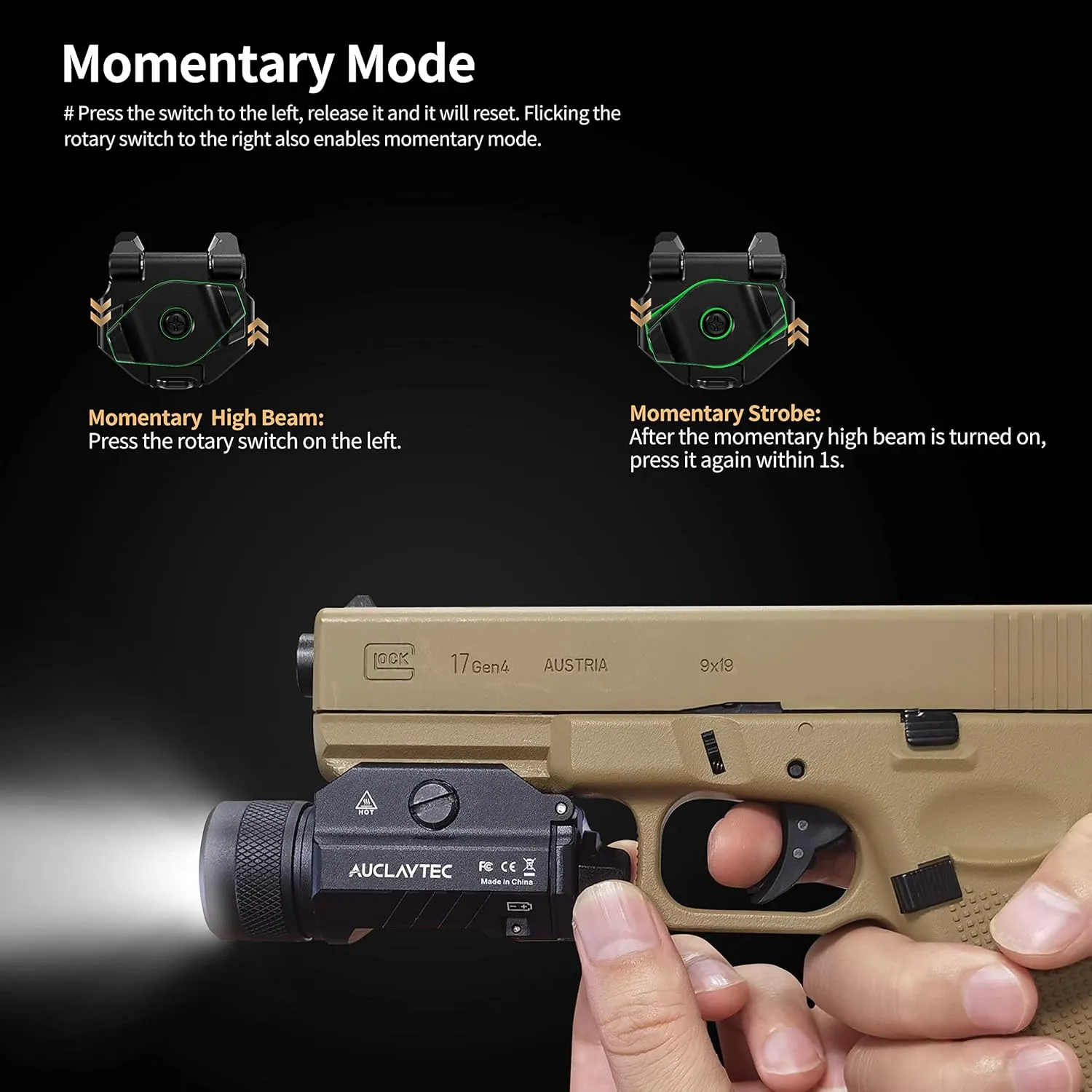 1200 Lumen Pistol Light Mounted Tactical Flashlight, Gun Light with Strobe Mode, Weapon Flashlight for GL Glock and Picatinny Rail (Without Laser, None Rechargeable)