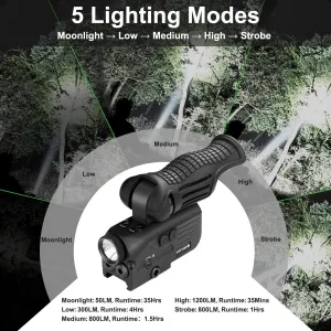 1200 Lumens Tactical Flashlight with Dual Laser Sights, Rechargeable Red&Green Laser Beams with 5 LED Light Modes - Hard Anodized Aluminum for Picatinny Rail Mount, Laser Class IIIA, Less Than 5mW