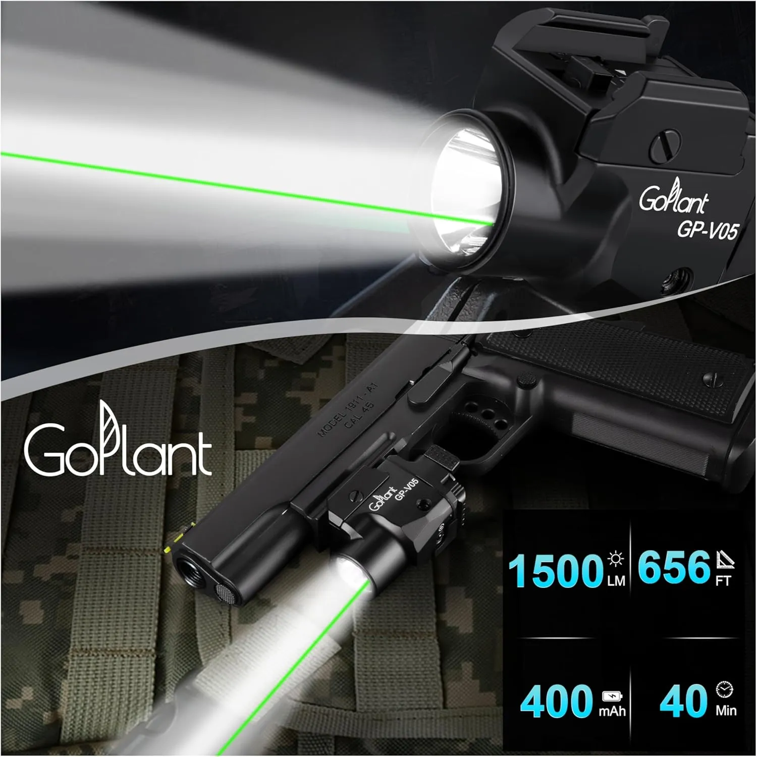 1500 Lumens Compact Weapon Laser Light, Aircraft Grade Aluminum Pistol Light, Adjustable Rail-Mounted Handgun Light and Green Laser Combo