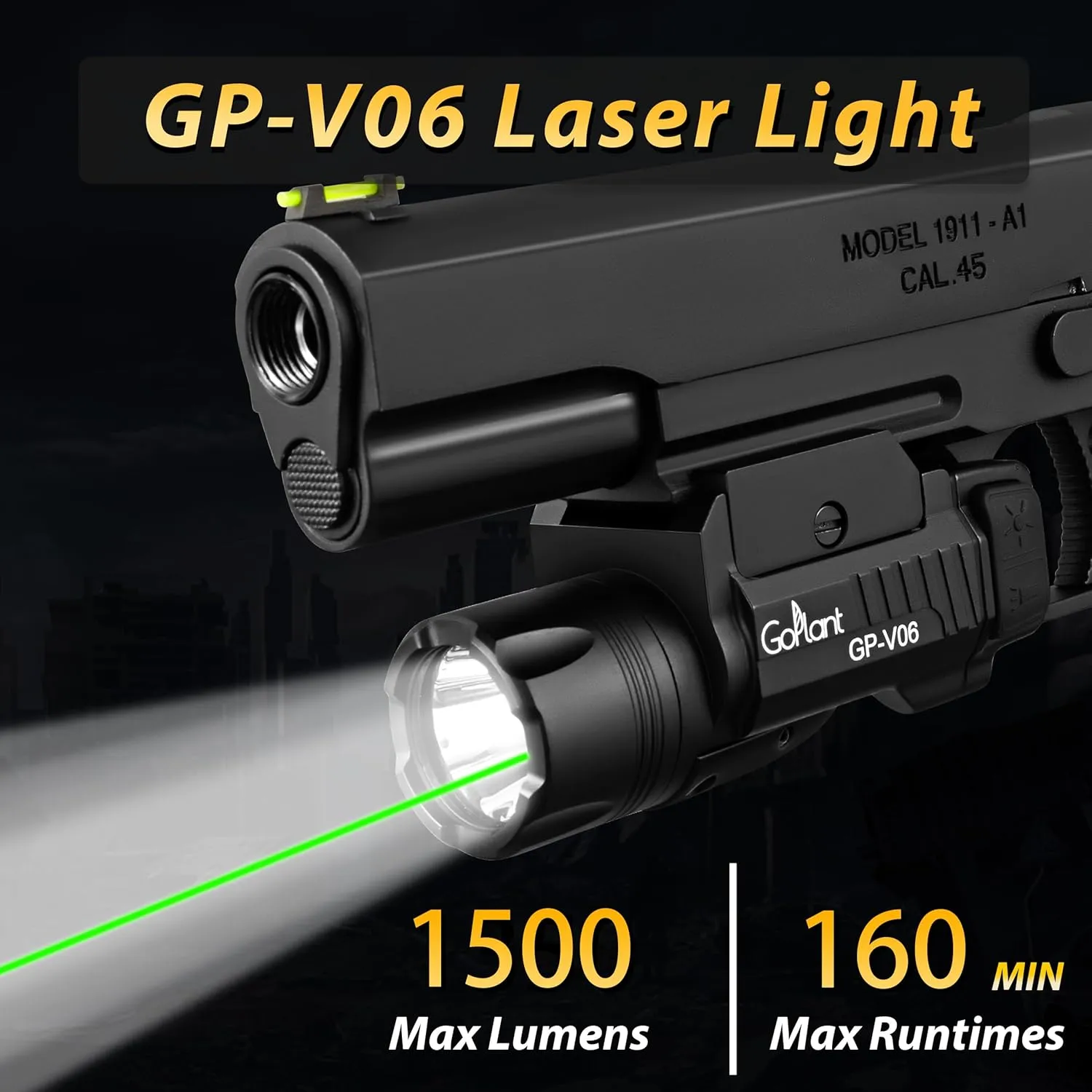 1500 Lumens Weapon Laser Light Long Runtime 160 Minutes, Type-C Rechargeable Adjustable Rail-Mounted Laser Light Combo, LED Tactical Rifle Flashlight (GP-V06)