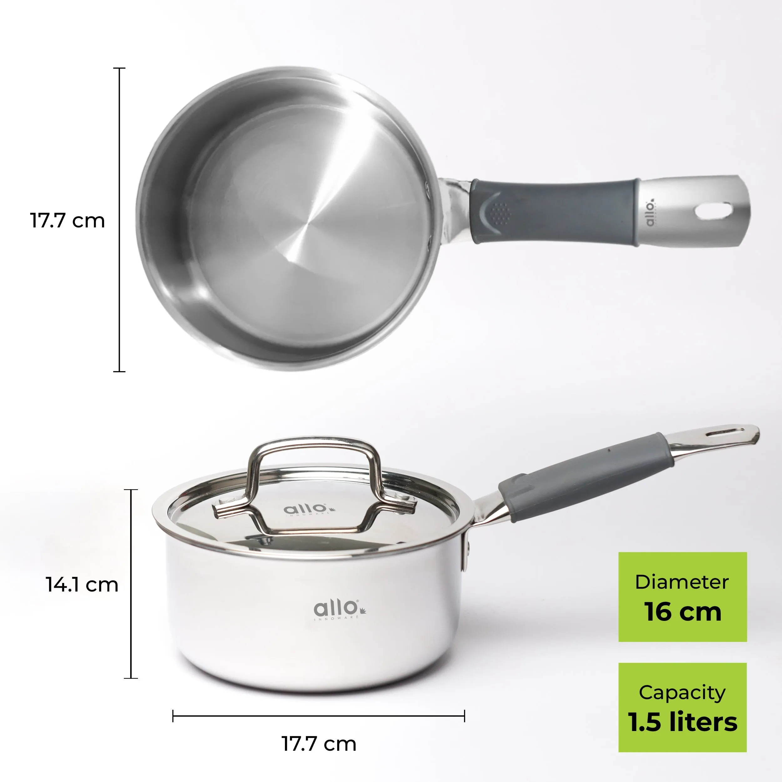 1.5L Allo CookSafe TriPly Sauce pan | Stainless Steel | With Stainless Steel Lid | Induction Friendly | Naturally Non-stick | 16cm