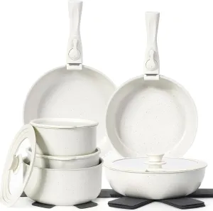17 Pcs Pots and Pans Set Non Stick, Cookware Sets with Detachable Handle, Nonstick RV Kitchen Cooking Tools Removable Handles, Oven Safe, Induction Fast, Stackable Induction Cookware, White