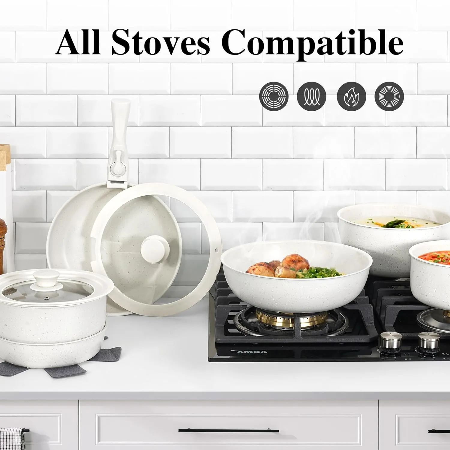 17 Pcs Pots and Pans Set Non Stick, Cookware Sets with Detachable Handle, Nonstick RV Kitchen Cooking Tools Removable Handles, Oven Safe, Induction Fast, Stackable Induction Cookware, White