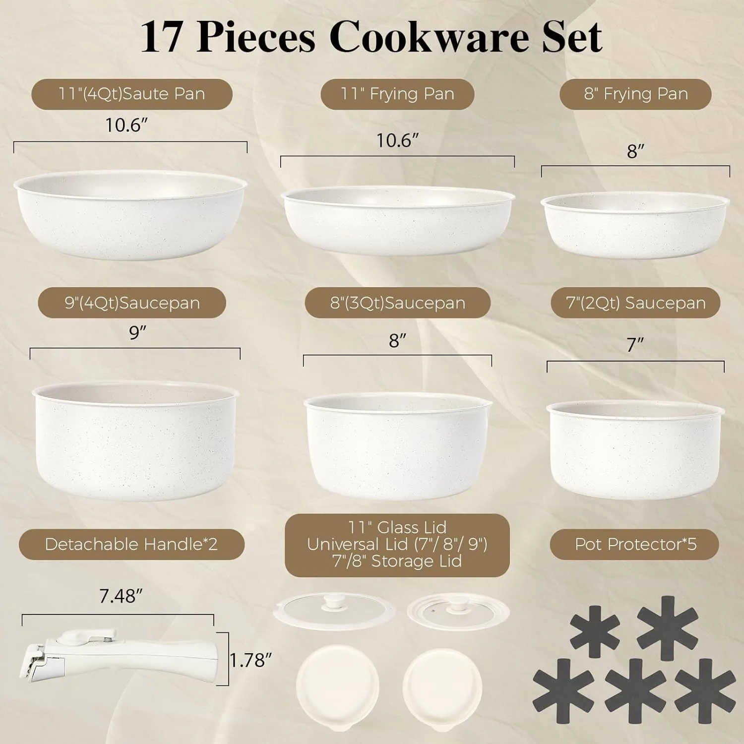 17 Pcs Pots and Pans Set Non Stick, Cookware Sets with Detachable Handle, Nonstick RV Kitchen Cooking Tools Removable Handles, Oven Safe, Induction Fast, Stackable Induction Cookware, White