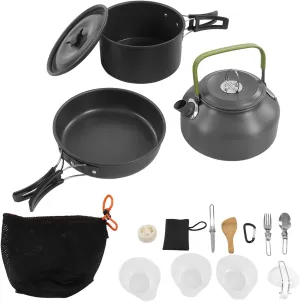 17Pcs Camping Cookware Mess Kit, Alumina Camping Cooking Set with Camping Kettle Non-Stick Camping Pot Pans and Kettle Chopping Board Folding Tableware