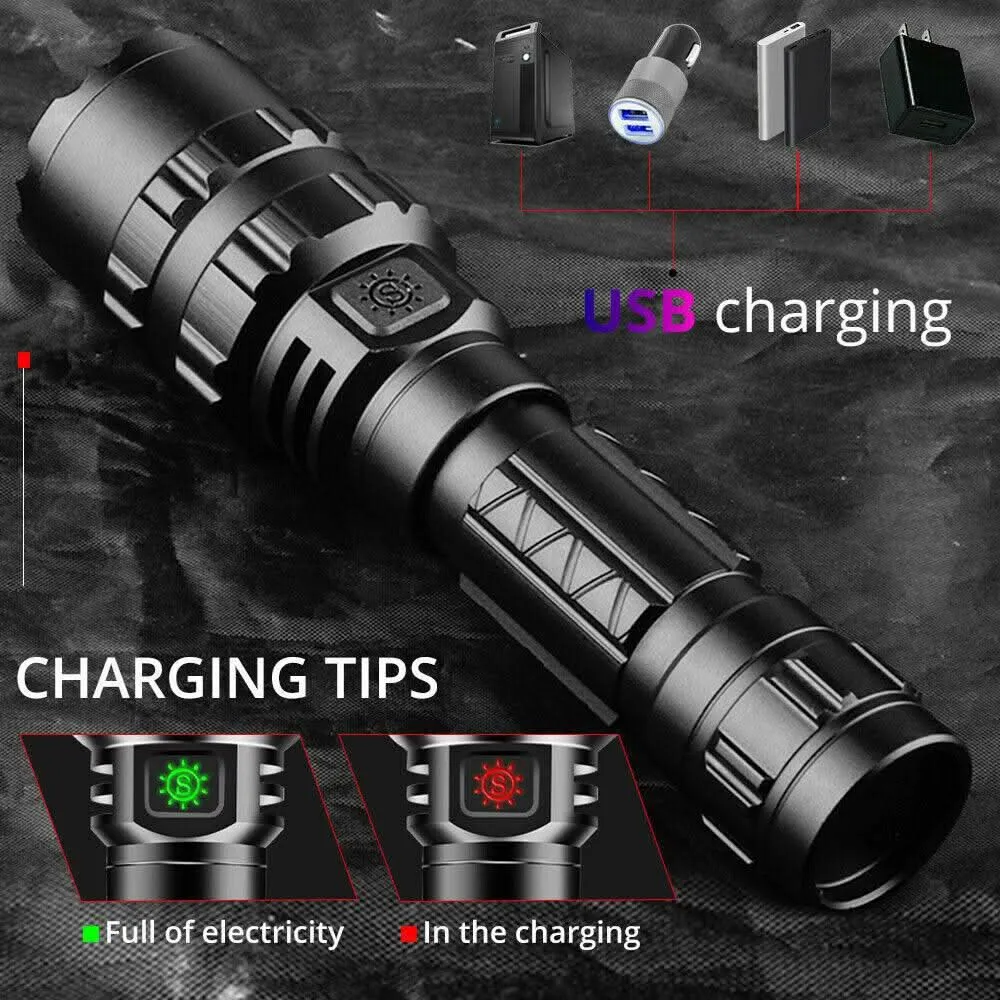 180000LM L2 LED Tactical Flashlight USB Rechargeable Camping Hunting Torch