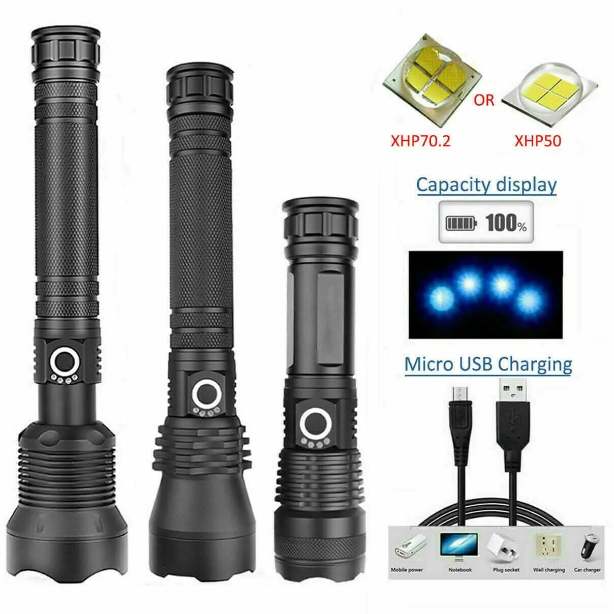 180000LM L2 LED Tactical Flashlight USB Rechargeable Camping Hunting Torch