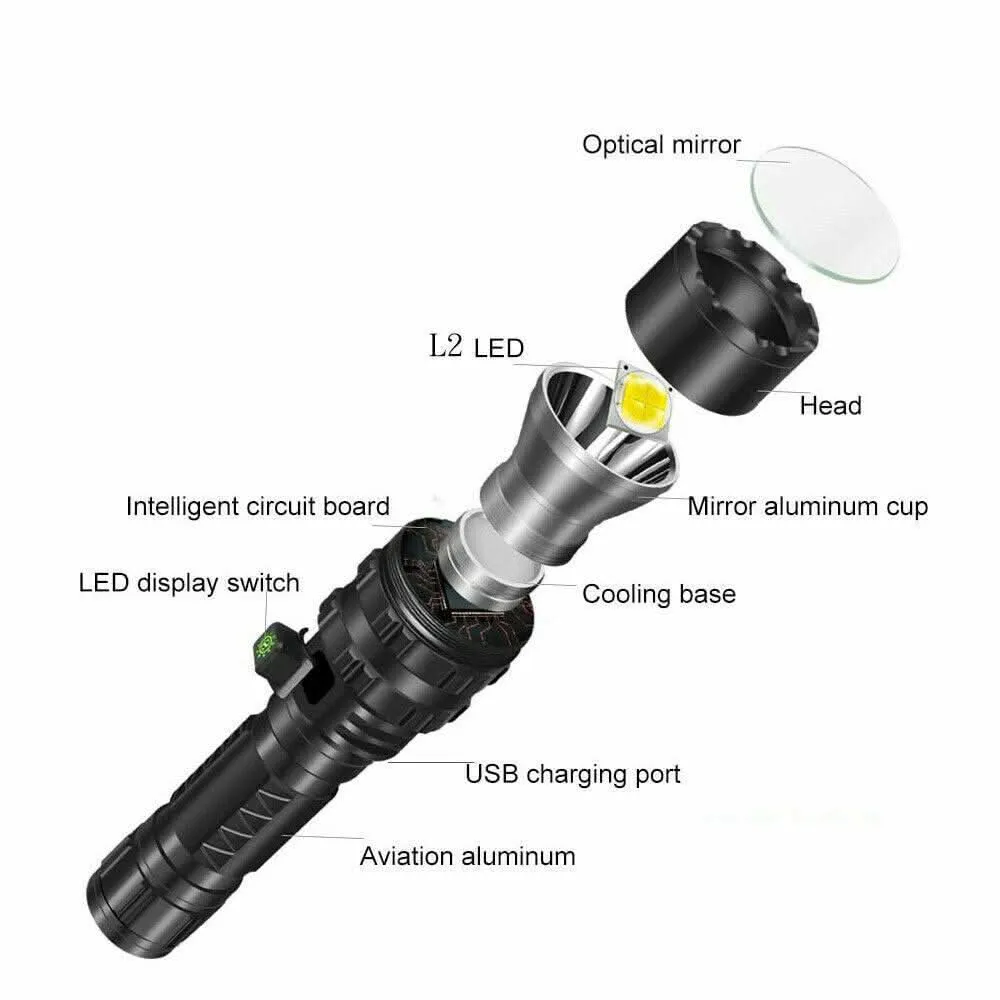 180000LM L2 LED Tactical Flashlight USB Rechargeable Camping Hunting Torch