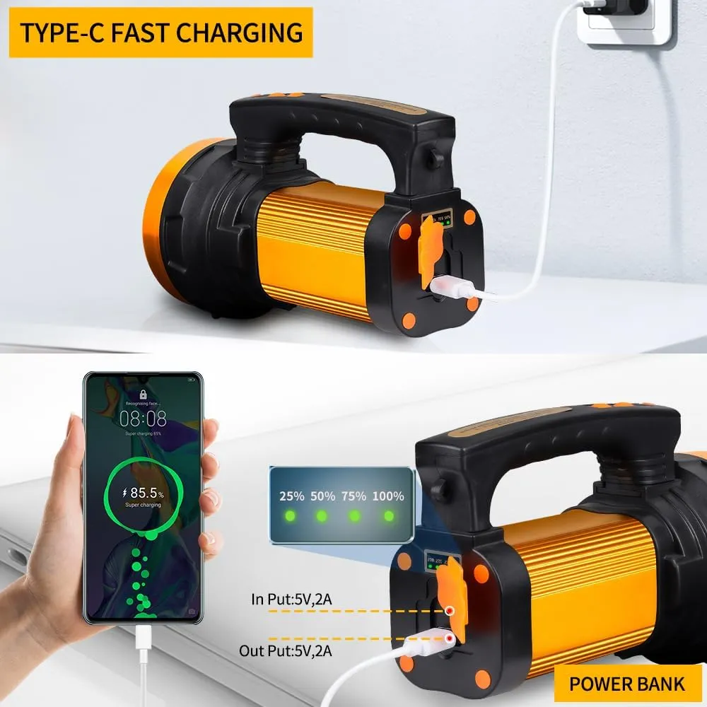 1800LM Rechargeable Spotlight 13600mAh Spotlight Flashlight 80H Long Lasting IP67 Waterproof 3 Modes Spot Light for Outdoor Camping Home Emergency