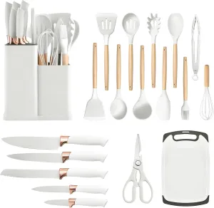 19 Pieces Kitchen Utensils Set Silicone Cooking Utensils Kit Spatula Heat Resistant Wooden Spoon Gadgets for Non-stick Pans Most Intimate Kitchen Companion Best Gift (White)
