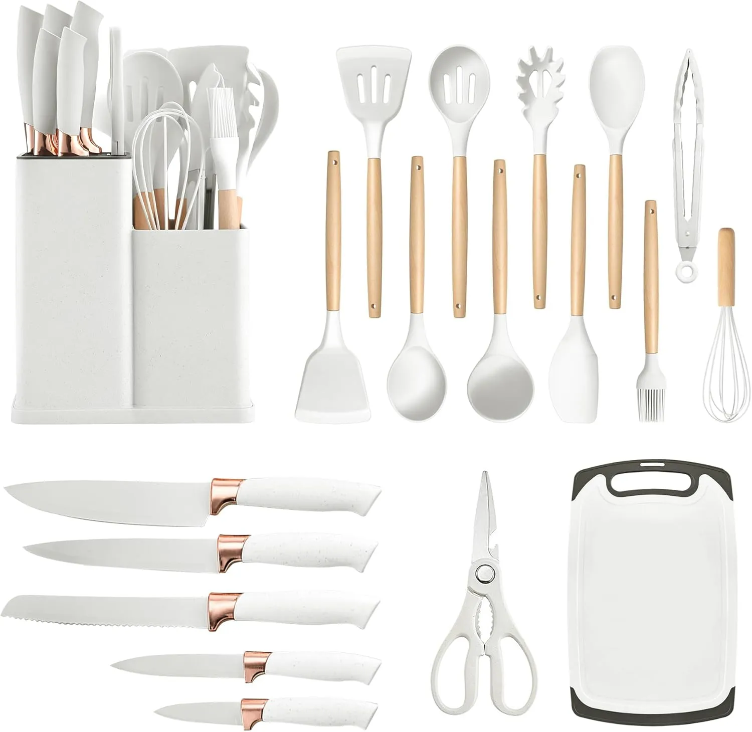 19 Pieces Kitchen Utensils Set Silicone Cooking Utensils Kit Spatula Heat Resistant Wooden Spoon Gadgets for Non-stick Pans Most Intimate Kitchen Companion Best Gift (White)