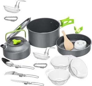 1set Professional Camping Cookware Portable Non-Stick Utensils Kit for BBQ Picnic Outdoor Cooking Anodized for People Easy to Clean