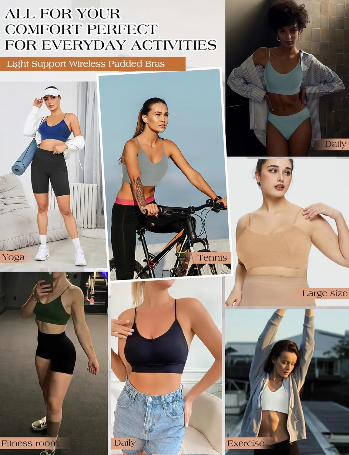 2-6PCS Women's V-Neck Padded Seamless Straps Bralette, Everyday Basic Sleeping Bra, Sports Bras for Women, Sports Bra