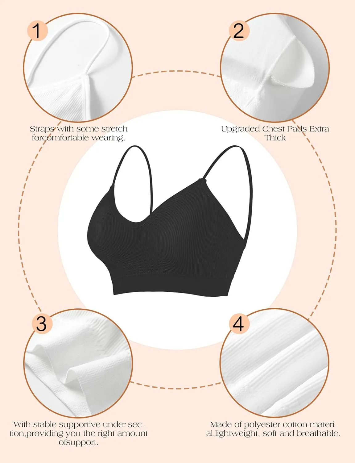 2-6PCS Women's V-Neck Padded Seamless Straps Bralette, Everyday Basic Sleeping Bra, Sports Bras for Women, Sports Bra