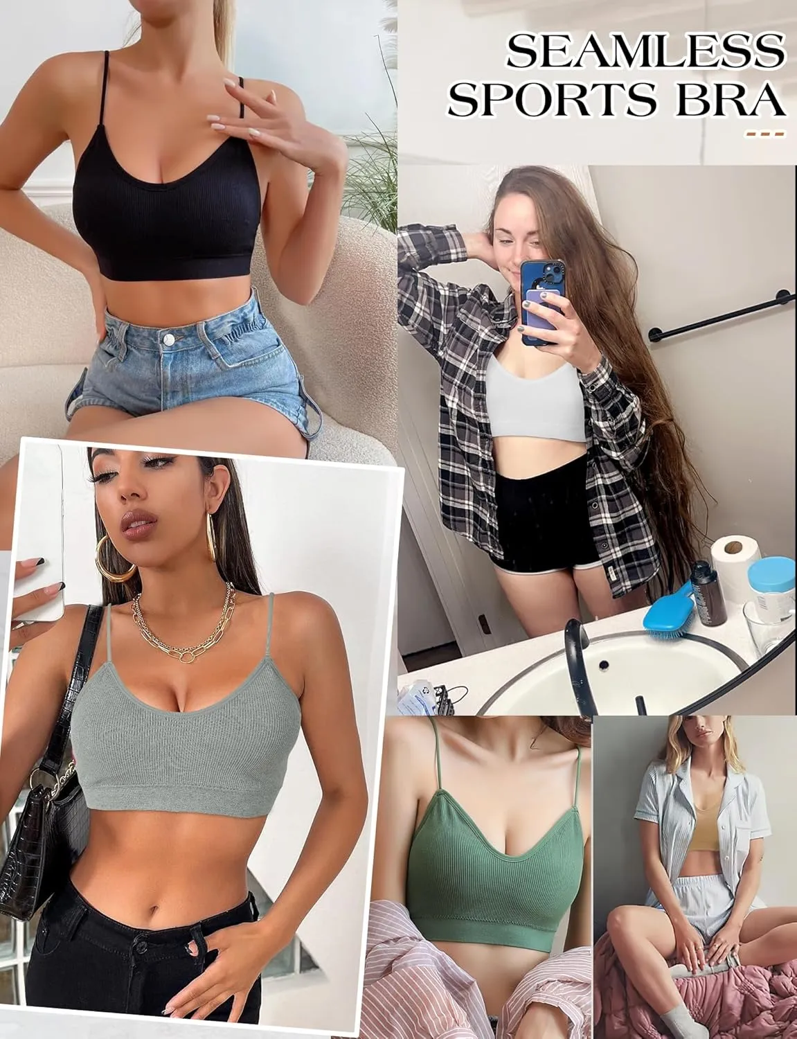 2-6PCS Women's V-Neck Padded Seamless Straps Bralette, Everyday Basic Sleeping Bra, Sports Bras for Women, Sports Bra