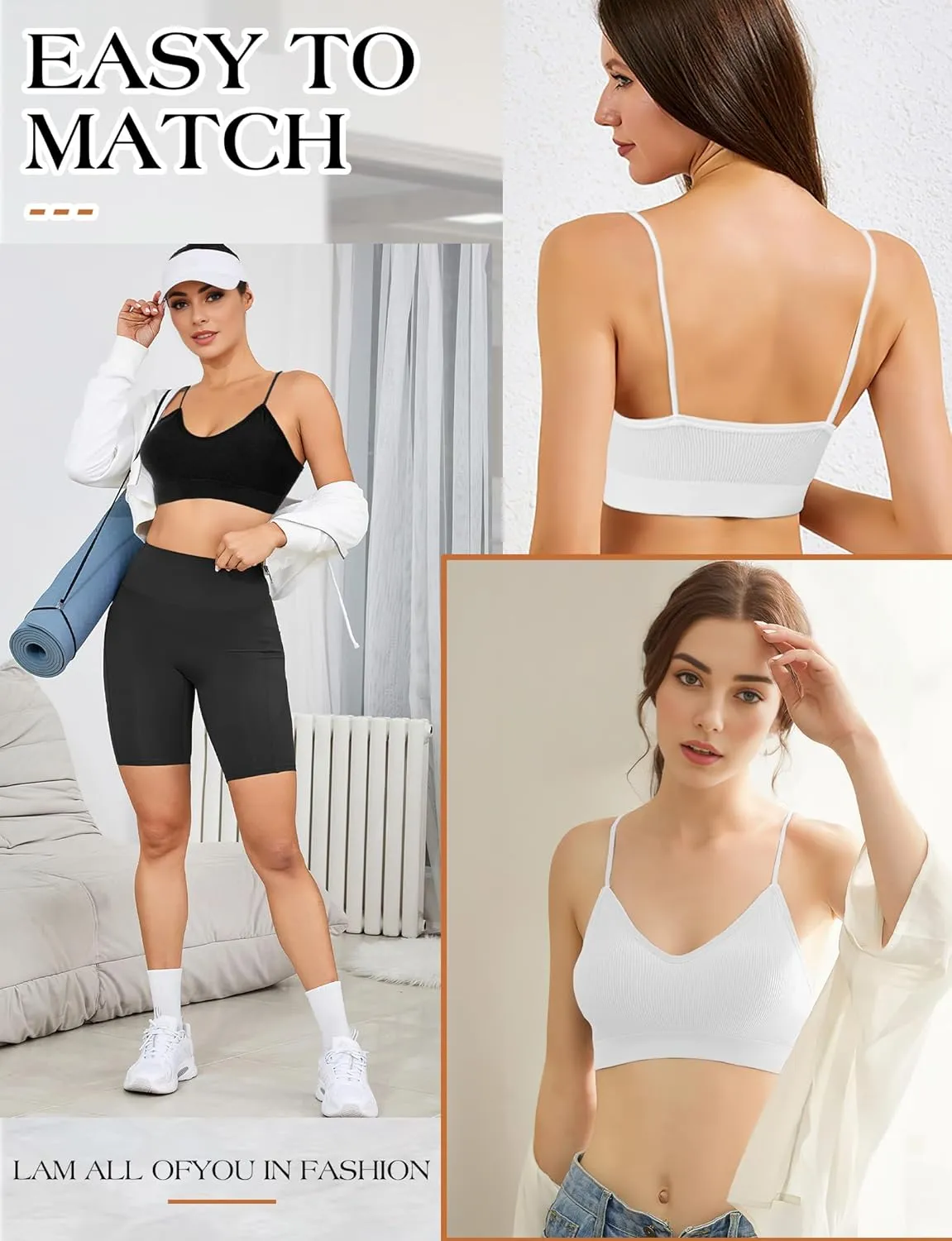 2-6PCS Women's V-Neck Padded Seamless Straps Bralette, Everyday Basic Sleeping Bra, Sports Bras for Women, Sports Bra