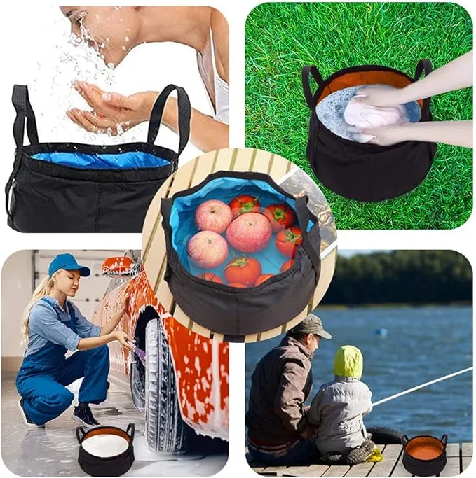 2 Pack Collapsible Bucket with Handle 2 Gallon Portable Camping Wash Basin Folding Water Container for Fishing Beach (Red Blue)