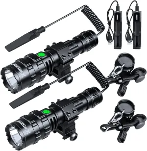 2 Pack LED Tactical Flashlight with Pressure Switch, Picatinny Rail Mount Flashlight USB Rechargeable IP65 Waterproof Rifle Light 5 Modes for Hunting, Camping & Emergency