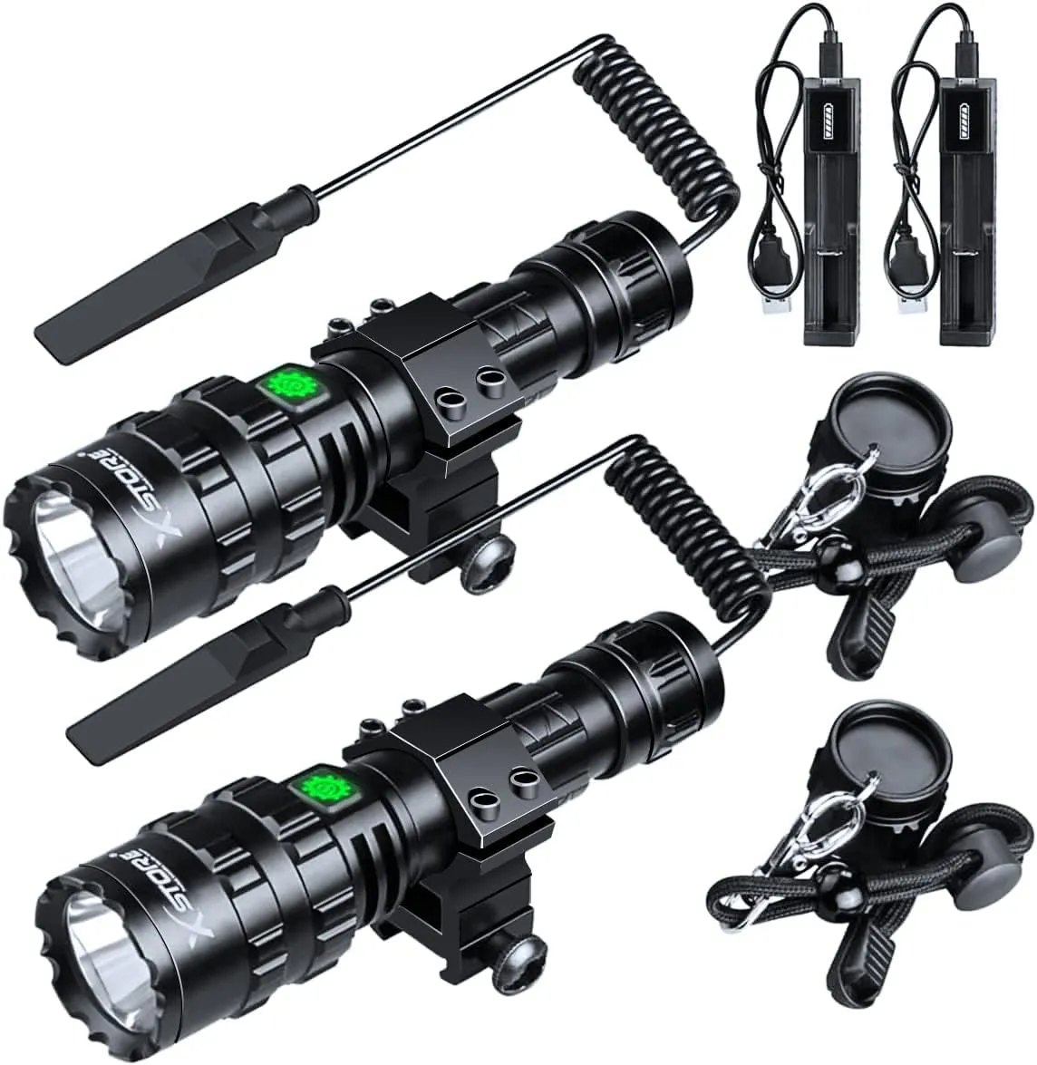 2 Pack LED Tactical Flashlight with Pressure Switch, Picatinny Rail Mount Flashlight USB Rechargeable IP65 Waterproof Rifle Light 5 Modes for Hunting, Camping & Emergency