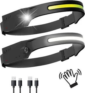 2-Pack Rechargeable HeadLamps Flashlight Motion Sensor, Built-in 2000mah Battery, 230°Widebeam Spotlight for Camping Accessories, Waterproof, Cycling, Running,Fishing, Hiking