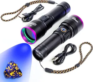 2 Pack UV01 365nm UV Flashlight Black Light, USB Rechargeable High Power Blacklight Flashlight, Professional 4 Core LED UV Light for Pet Urine Detection, Resin Curing, Leak Detection, Rock Hunting