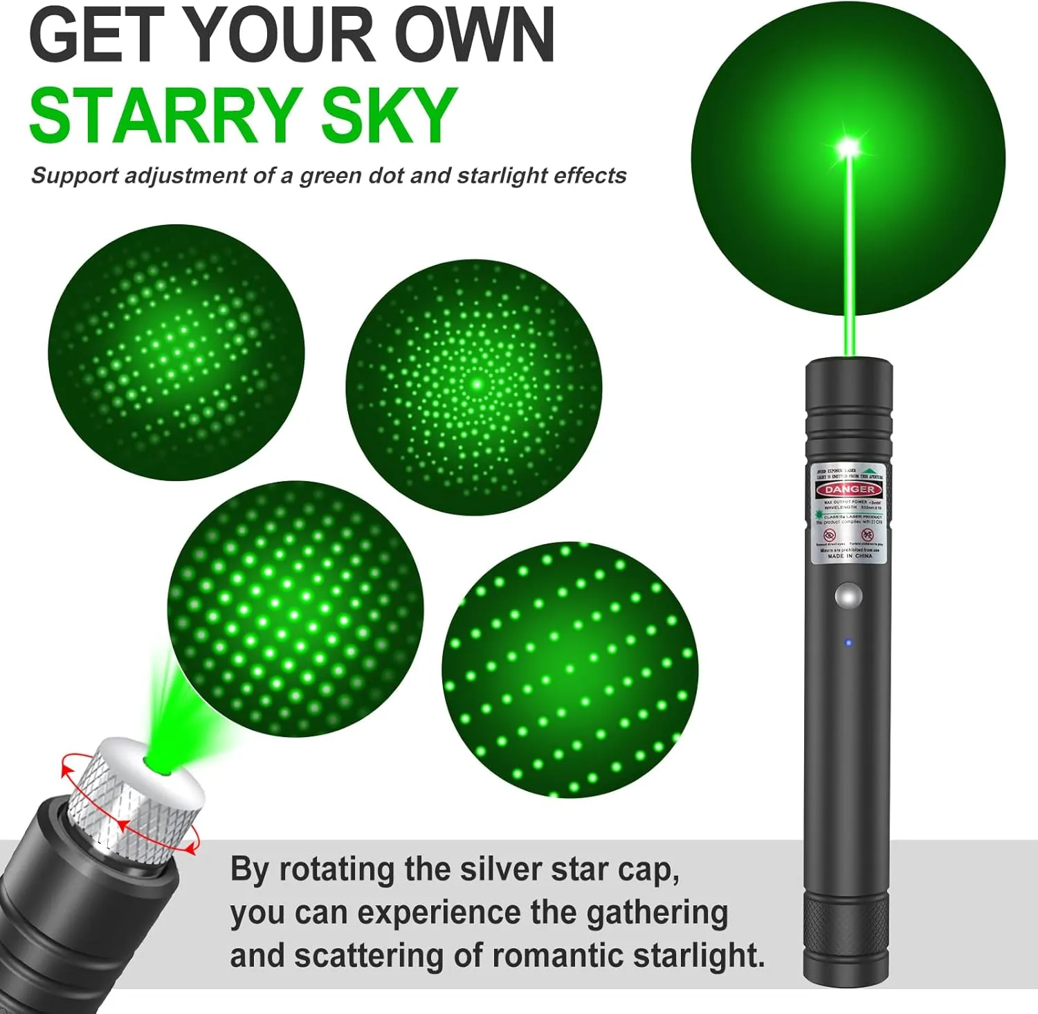 [2 Packs] LETEAPII Green Beam Light Flashlight Long Range, USB Rechargeable Tactical Flashlights with Star Cap Adjustable for TV/LED/LCD Screens, Presentations, Astronomy, Camping, Hiking, and Outdoor
