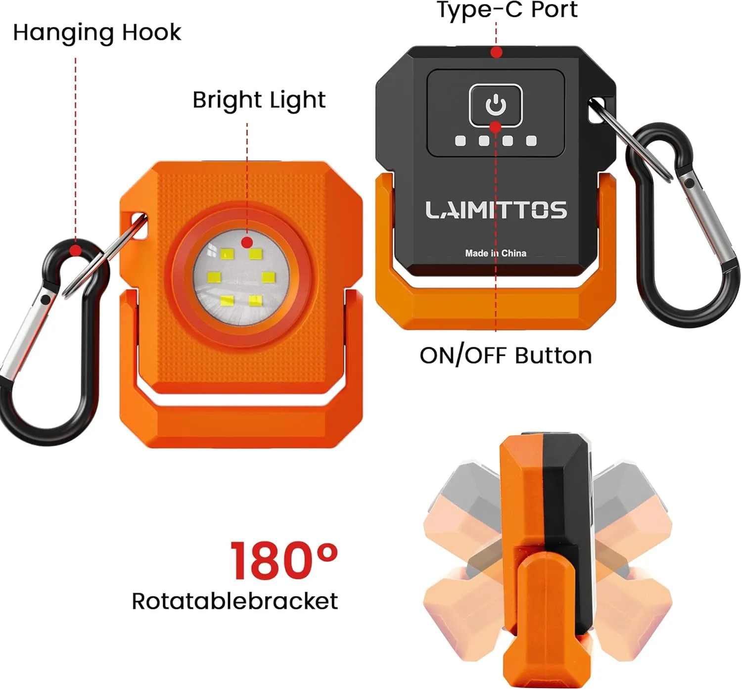 2 Pcs Mini Keychain Flashlight Rechargeable 500 Lumens LED Magnetic Flashlight with Rotatable Bracket 4 Light Modes Pocket Lights Outdoor Emergency Work Light for Camping, Black & Orange