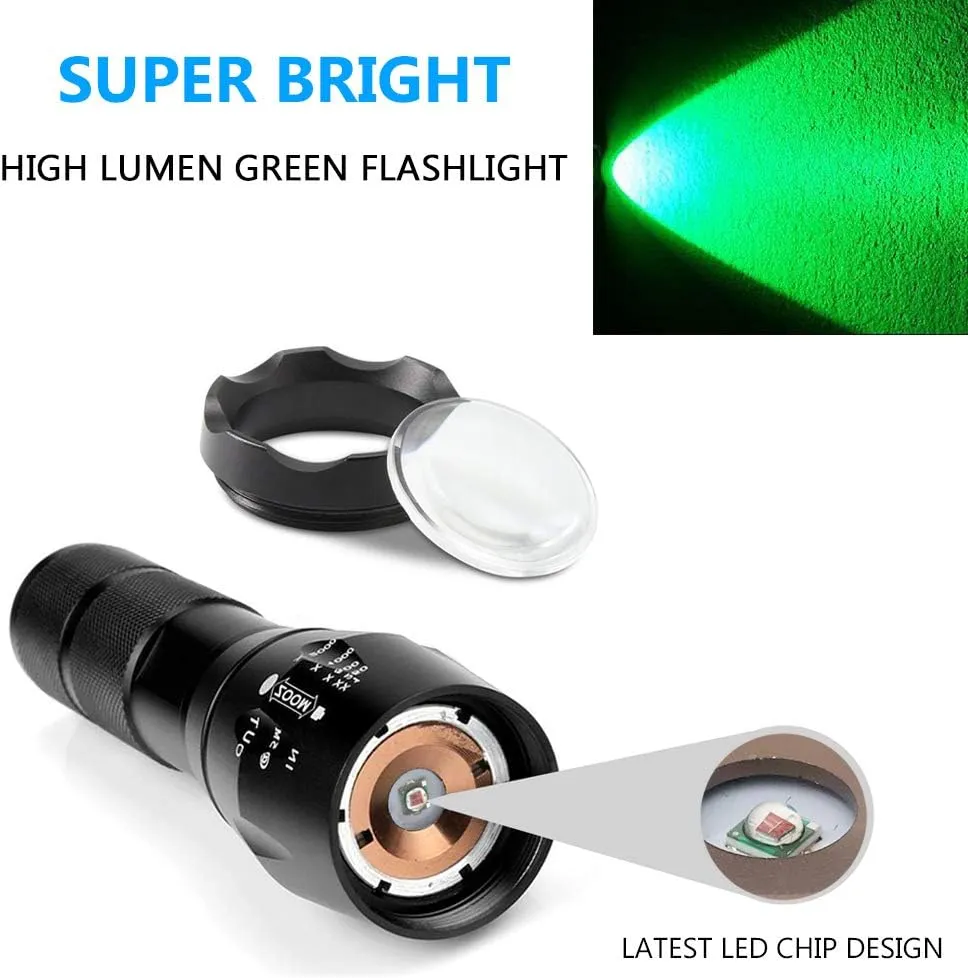 2 Pcs Powerful Green Light Led Flashlight Long Range Single Mode Green Flashlights Torch Best for Fishing Hog Pig Coyote Varmint Predator