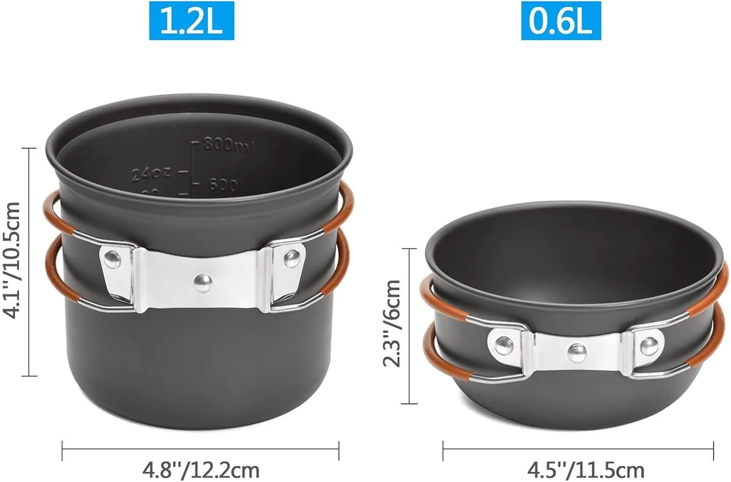 2 Pieces Camping cookware Camping pots Small pots Large pots Non Stick Lightweight pots for Camping, Outdoor Cooking and picnics, Backpacking Orange