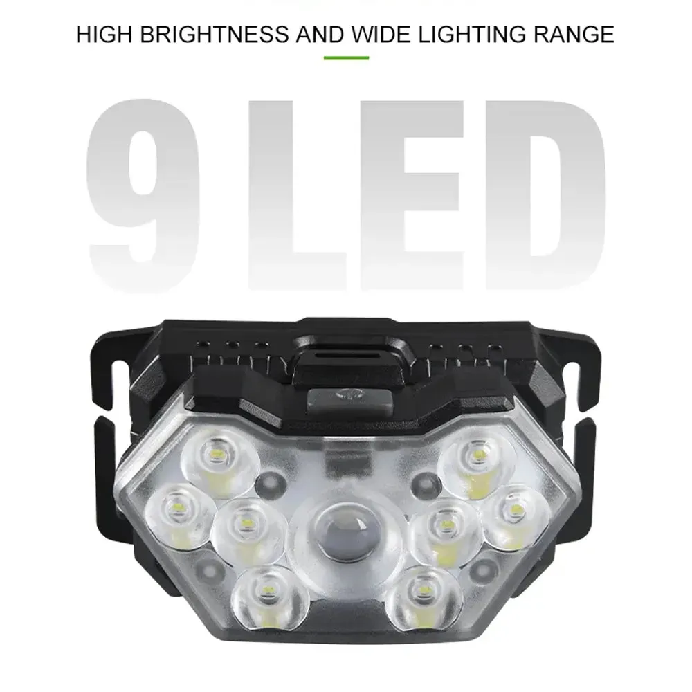 200W 9-Core High-brightness Sensor LED Headlamp With Built-in Rechargeable Battery Waterproof Camping Search Light