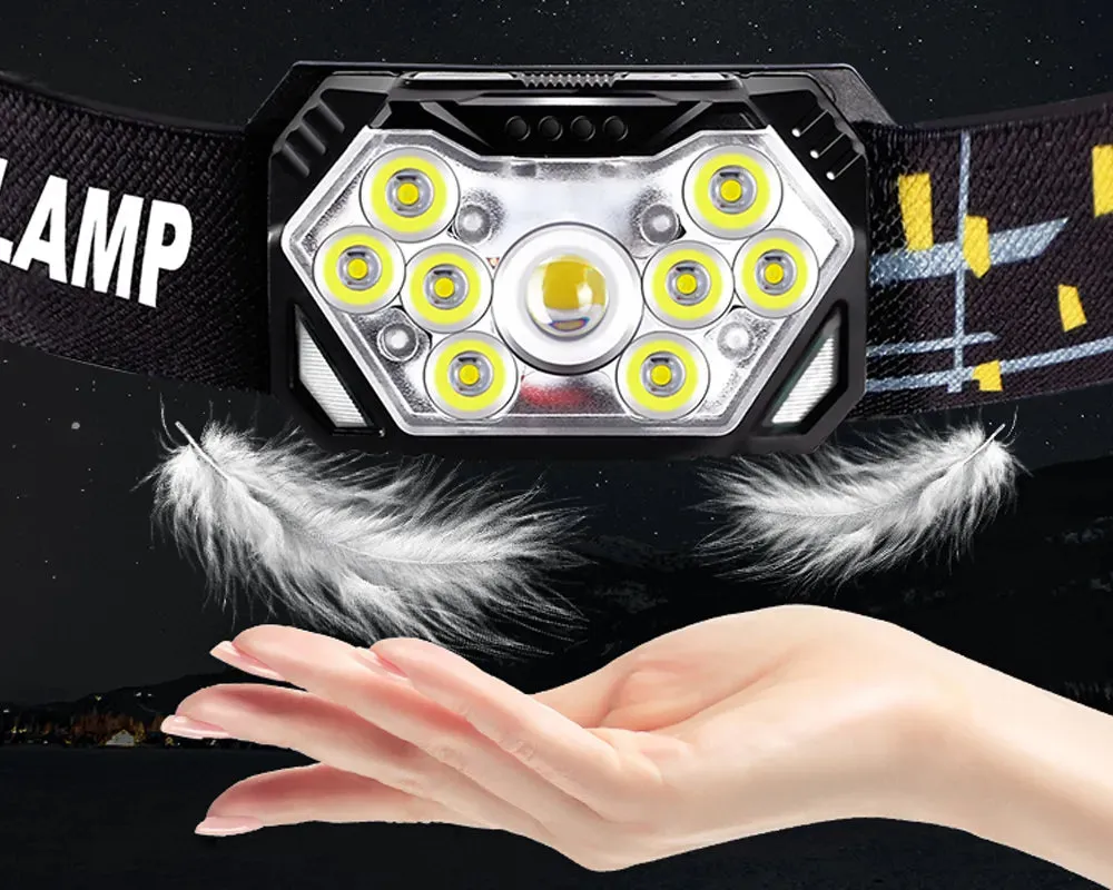 200W 9-Core High-brightness Sensor LED Headlamp With Built-in Rechargeable Battery Waterproof Camping Search Light