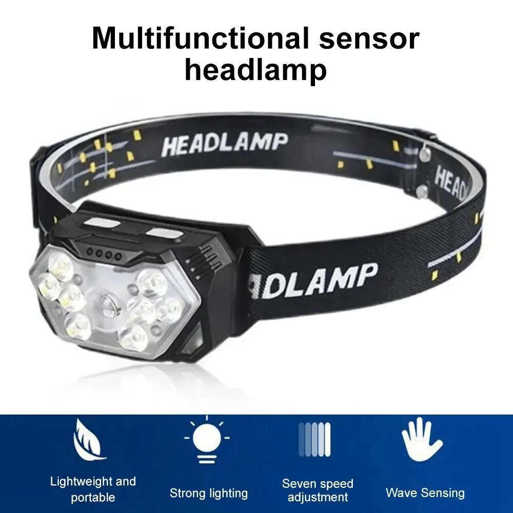 200W 9-Core High-brightness Sensor LED Headlamp With Built-in Rechargeable Battery Waterproof Camping Search Light