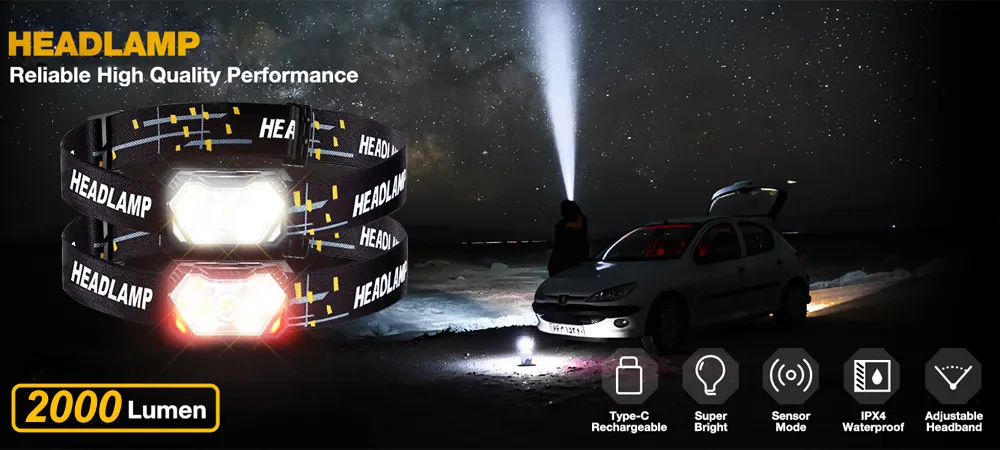 200W 9-Core High-brightness Sensor LED Headlamp With Built-in Rechargeable Battery Waterproof Camping Search Light