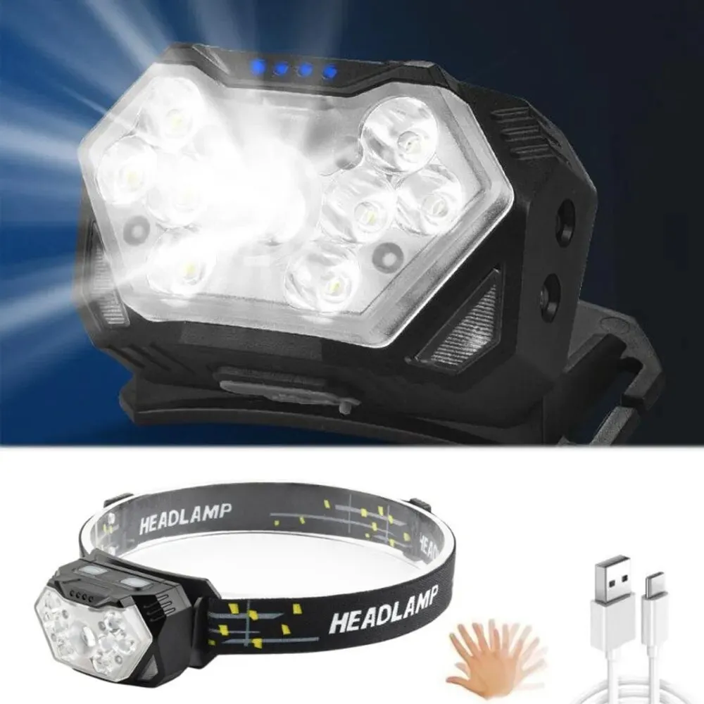 200W 9-Core High-brightness Sensor LED Headlamp With Built-in Rechargeable Battery Waterproof Camping Search Light