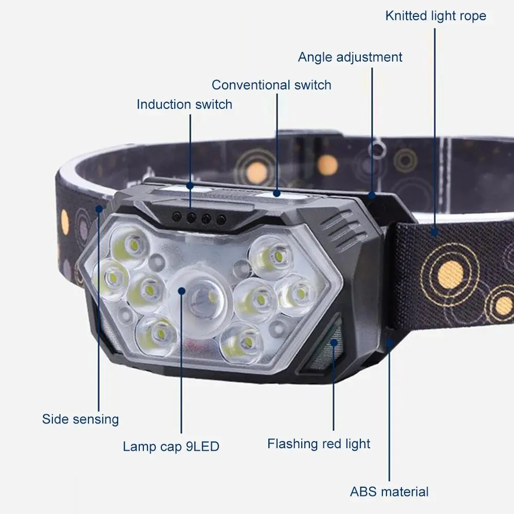 200W 9-Core High-brightness Sensor LED Headlamp With Built-in Rechargeable Battery Waterproof Camping Search Light