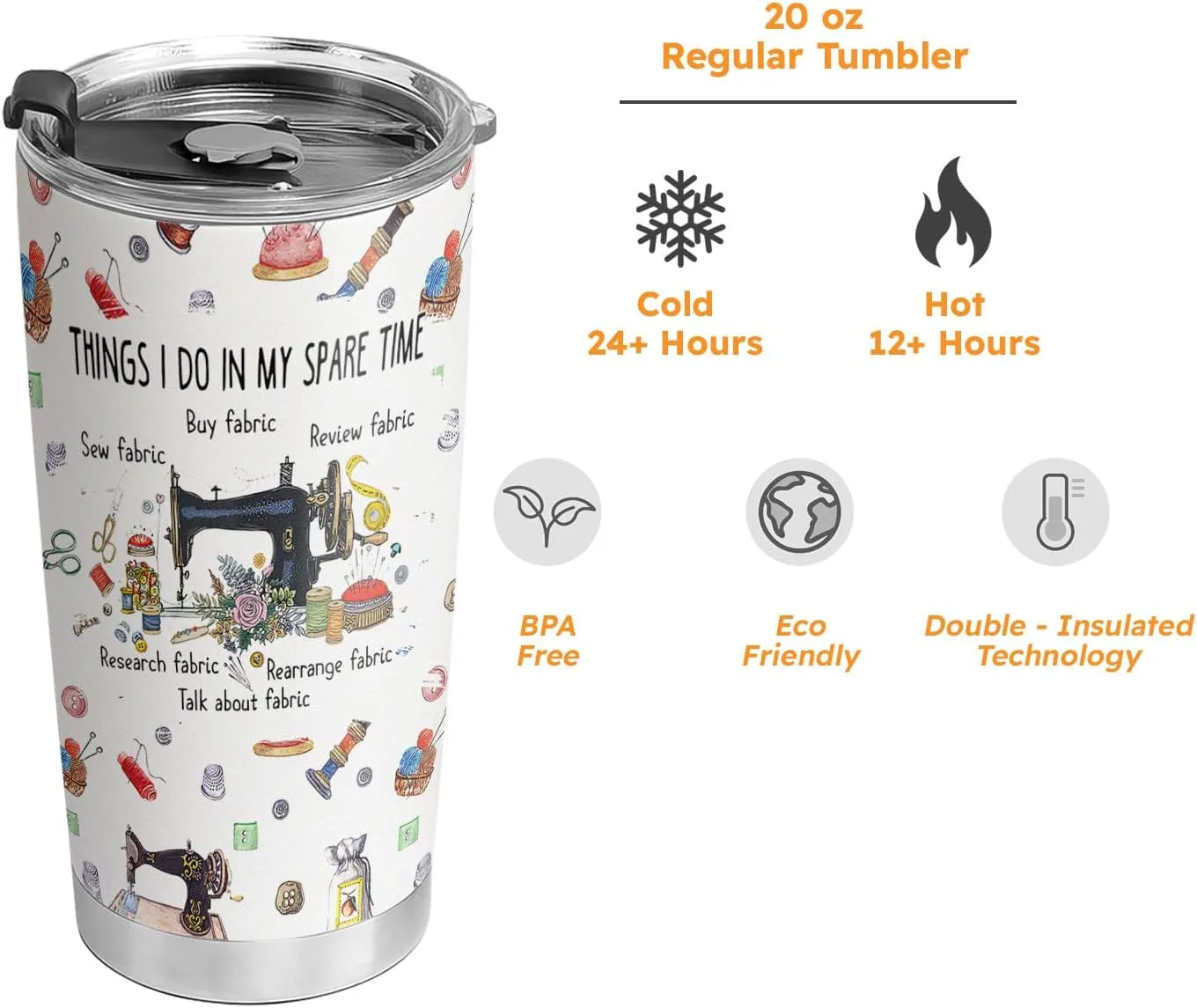 20oz Quilting, Sewing Tumbler, Gifts for Quilter, Sewer, Quilting, Sewing Hobby, Coffee Thermos for Women, Stainless Steel Double Wall Vacuum Insulated Coffee Mug, Travel Cup with Lid