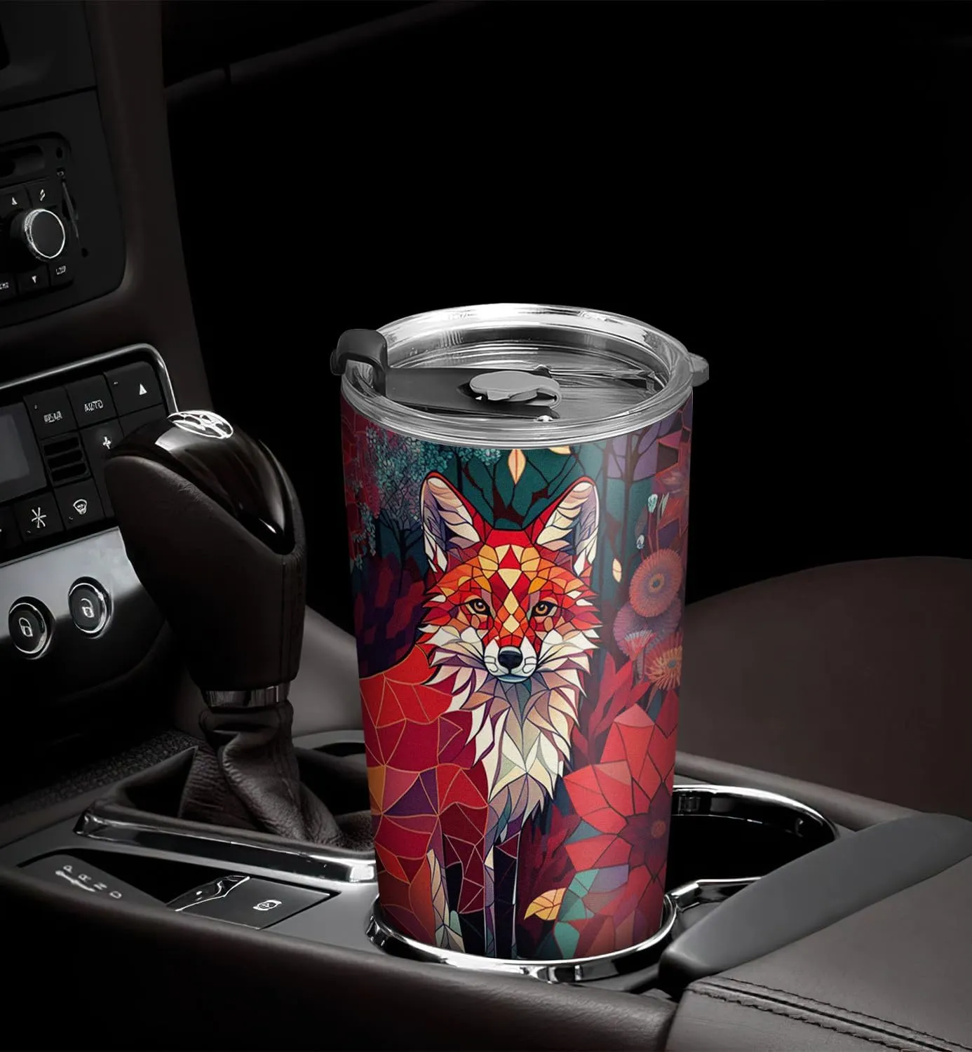 20oz Red Ruby Stained Glass Crystal Mosaic Fox Tumbler, Gifts for Fox Lovers, Coffee Thermos for Women, Stainless Steel Double Wall Vacuum Insulated Coffee Mug, Travel Cup with Lid
